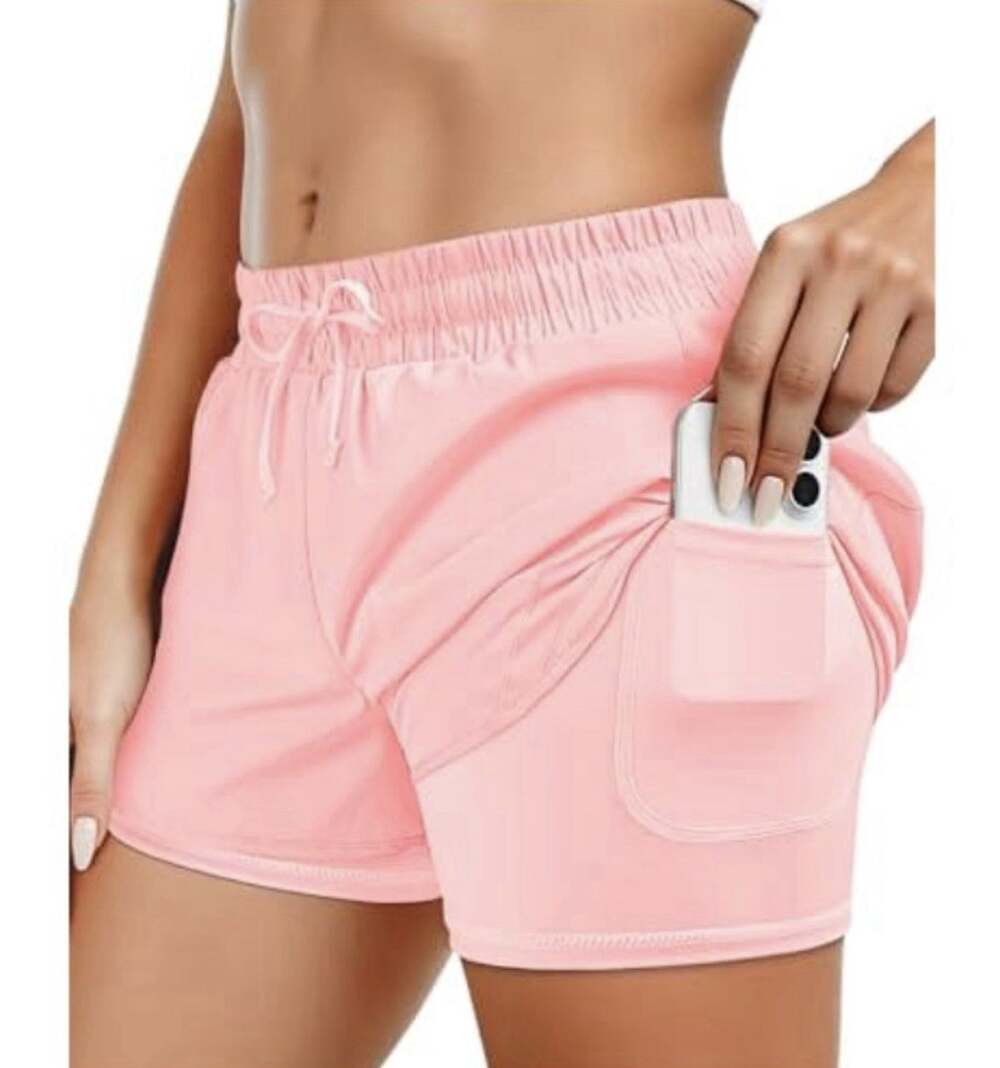 2 in 1 Athletic Running Shorts Quick Dry with Liner and phone pocket Med Pink